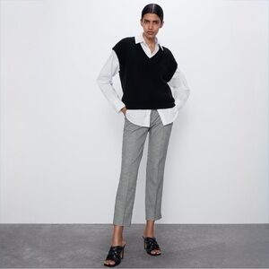 Zara Black White Gingham High Rise Ankle Pants Cropped Check Trousers Size 2